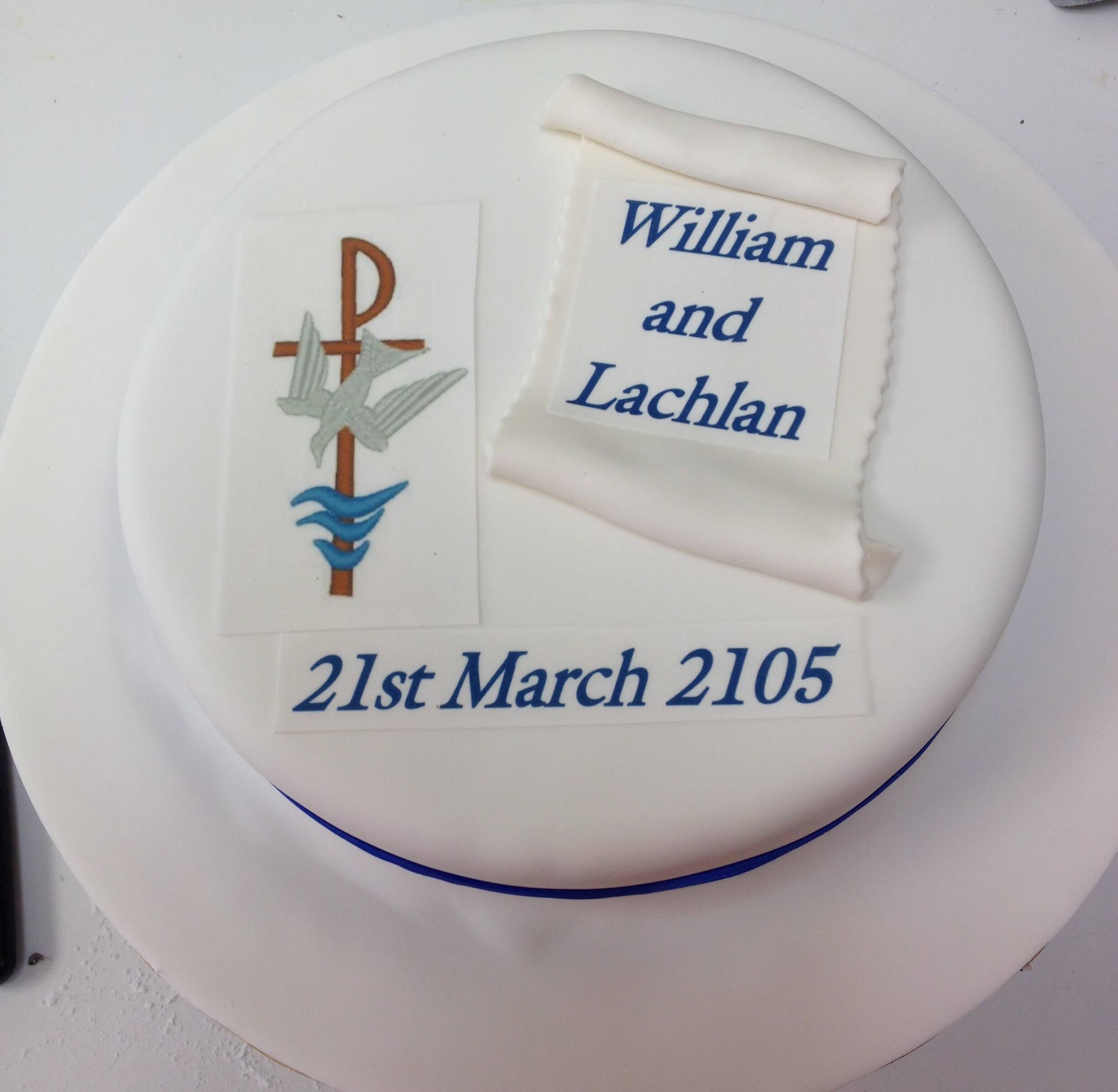 white and bule William and lachlan celebrations cake